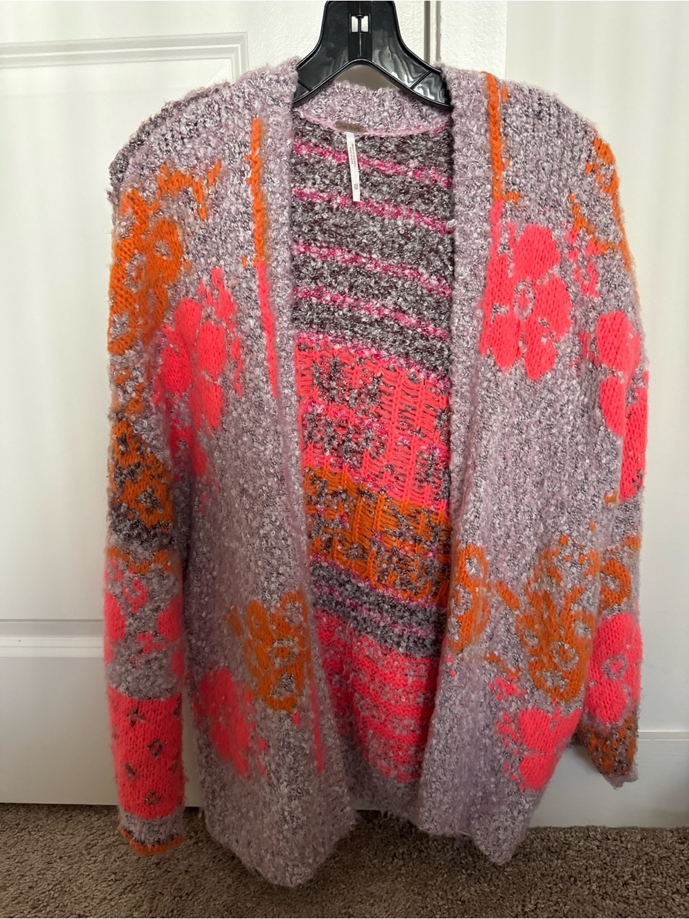Free People Lavender Open-Front Cardigan with Pink & Orange Floral Motif